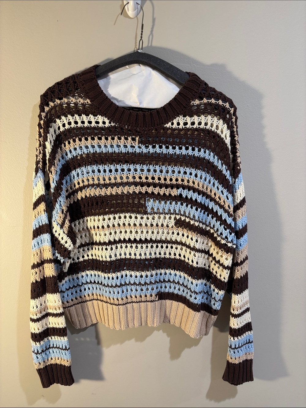 Women’s Striped Open-Knit Crewneck Sweater - Brown/Blue/Cream